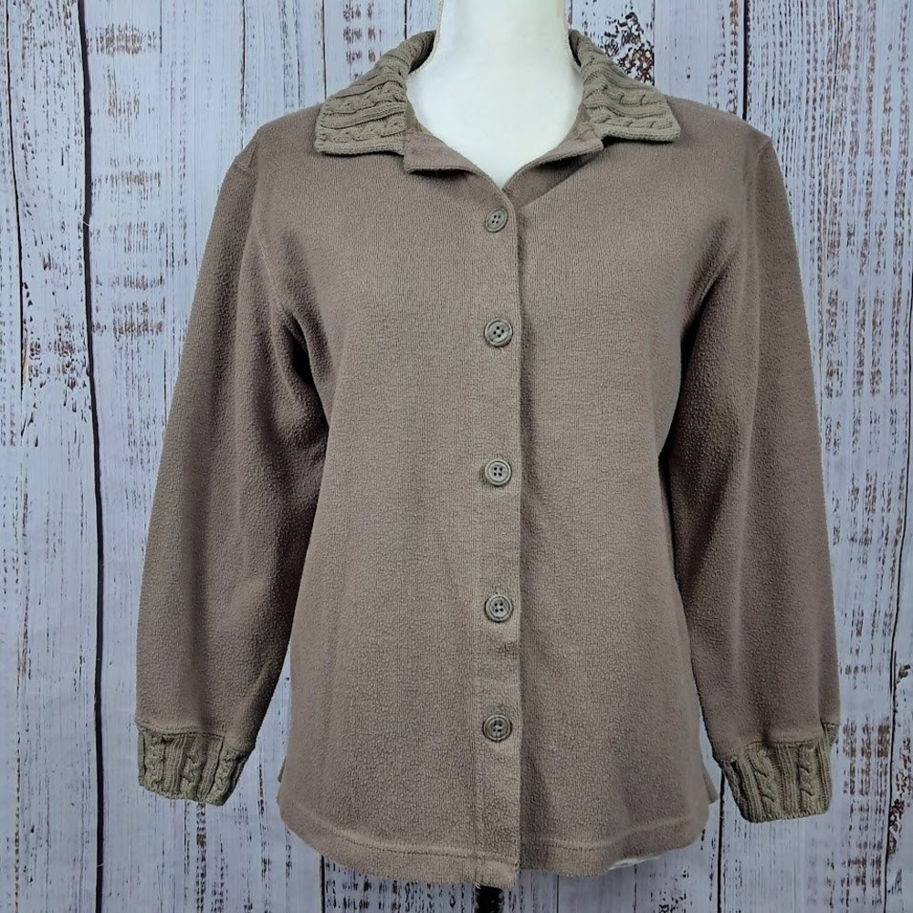 Vintage BOBBIE BROOKS S Earthy Brown Cardigan Cotton Cable Knit Collar Cuffs